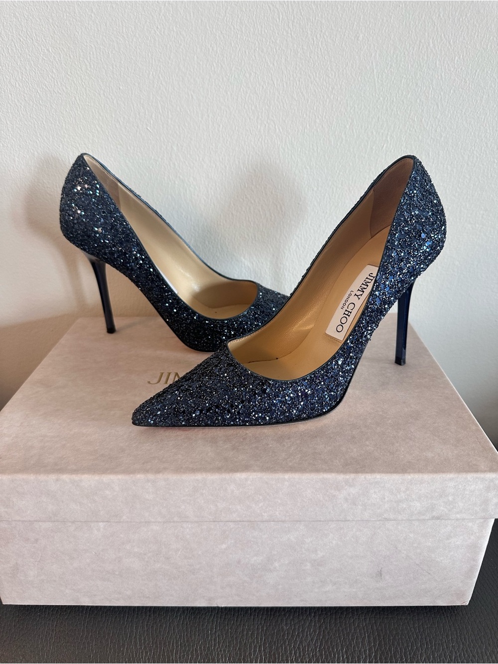 Jimmy Choo Navy Glitter Pointed-Toe Stiletto Pumps